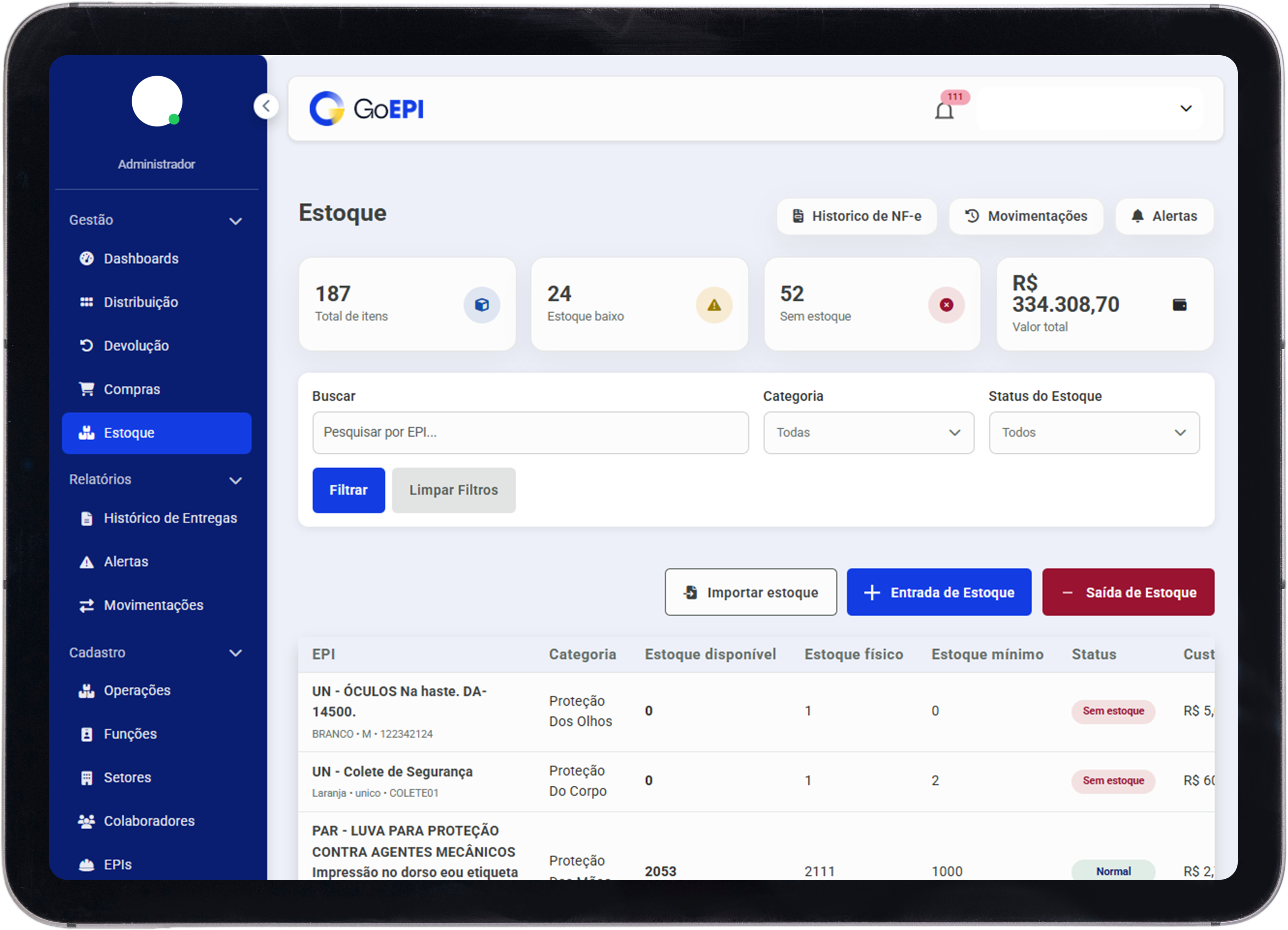 Dashboard GoEPI — visão geral da plataforma